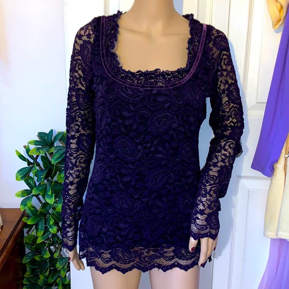 Vintage 90s royal purple stretch lace velvet ribbon square neck tunic top L